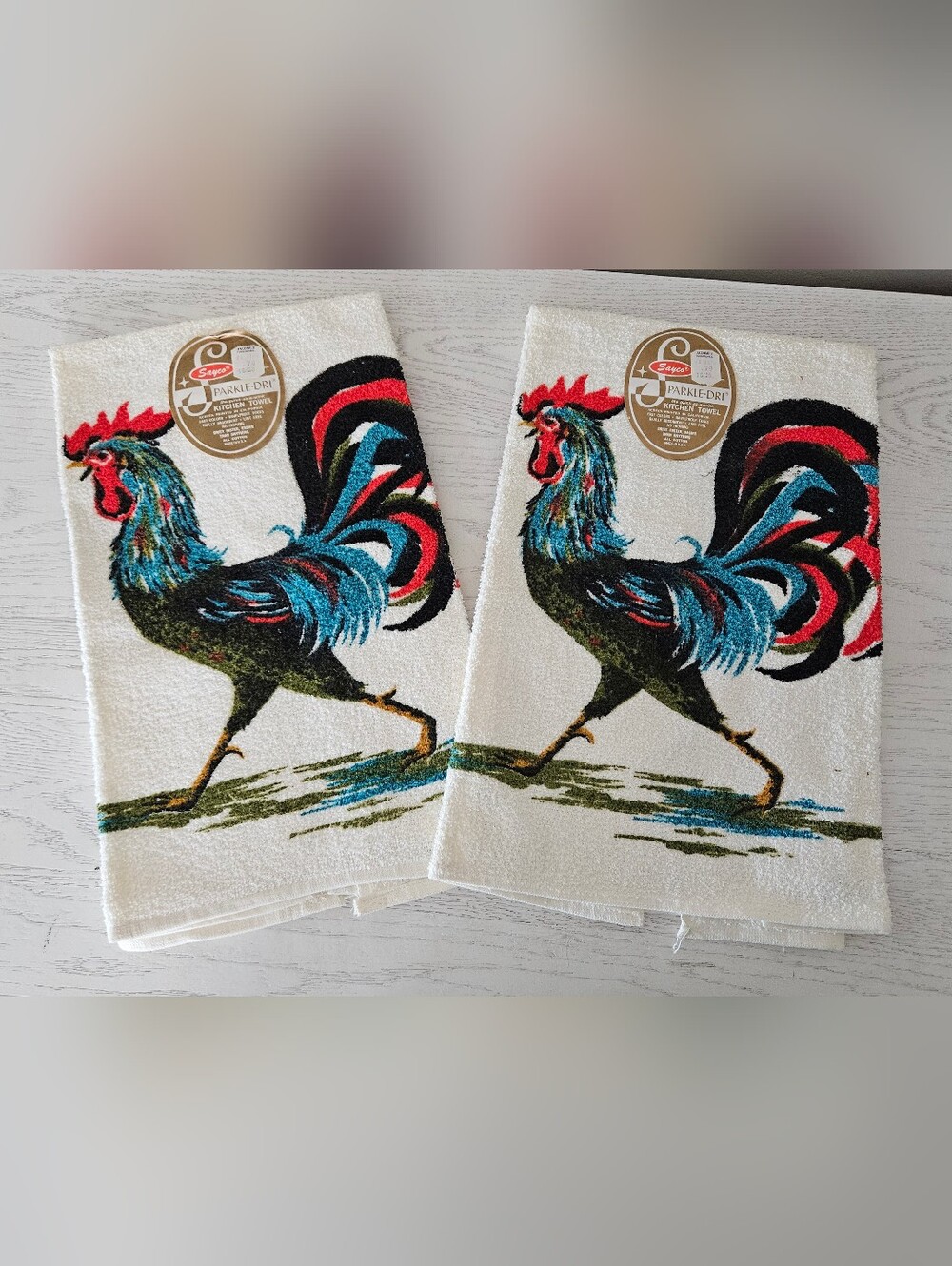 NWT Vintage Sayco Sparkle-Dri Retro Chicken/Rooster Kitchen Towel Set of 2